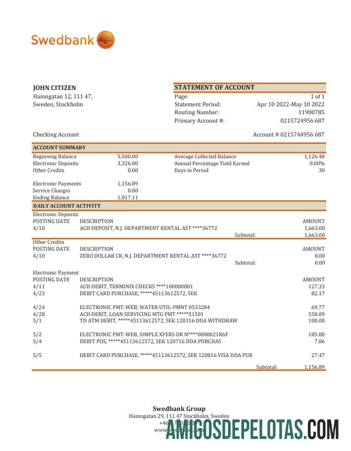 Exemplo de extrato bancário Xls da Suécia Swedbank